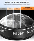Alstar ND96-0.9 filter showing different light transmissions on lunar surface, part of Seven 1.25 Inch Telescope Filter Set For Astronomy Dope Color Planetary Filters With Schott Optical Glass Anti Reflection Coating Metal Filter Cells And 1.25 Inch Eyepiece Threading.