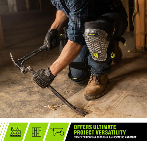 Dual Gel Foam Knee Pads With Comfort Hinge All Day Cushioning And Non Marring Caps in use on a construction site