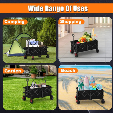 41 Inch Long Collapsible Wagon Cart With 460 Pound Capacity Beast Heavy Duty Folding Beach Wagon On All Terrain Wheels Utility Cart For Camping Garden Shopping And Sports Black in various settings.