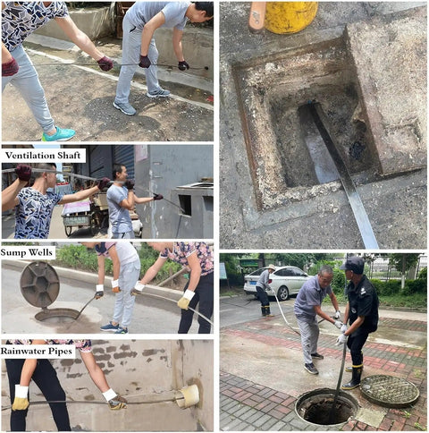 Group using Heavy Duty Flexible Steel Drain Auger Eighty Two Foot Manual Push Pull Snake for sewer line cleaning.