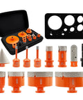 Diamond Hole Saw Kit with 12 Diamond Bits 5/8-11 Thread and SDS Adapter for Pro Grade Drilling, case and bits displayed