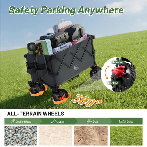 Heavy Duty Collapsible Folding Wagon With Brakes And Cup Holders All Terrain Wheels 500 Pound Load Utility Cart in grass field