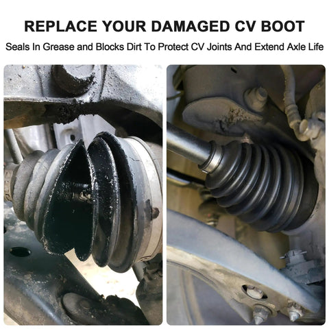 Before and after installation of Two Pack Universal CV Axle Boot Repair Kit With Clamps Flexible Silicone CV Joint Boot