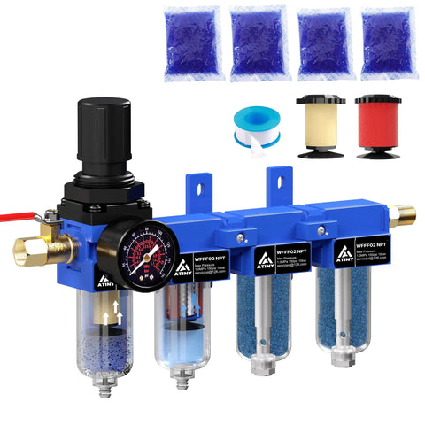 Four Stage One Quarter Inch NPT Industrial Compressed Air Dryer With Brass Filter And Coalescing Filter, Dual Desiccant Dryers, Air Regulator, Metal Bowl, Semi Auto Drain, Heavy Duty Workhorse Blue with filters and accessories displayed