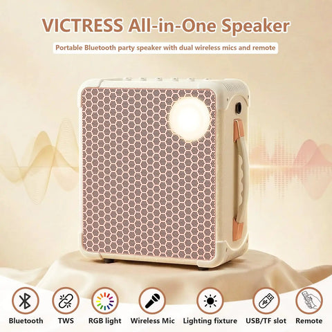 Party Ready Portable Karaoke Machine For Adults Outdoor With SOS Mode Bluetooth Guitar Amp Dual DSP Audio 9000mAh Battery Powered Speaker Backing Tracks For Backyard Parties White - front view with controls and speaker grille.
