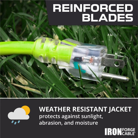 Weatherproof 100 Ft Outdoor Extension Cord with Lighted End 12/3 SJTW 15 Amp Heavy Duty high visibility light green 3 prong