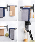 Top Shelf Swivel Towel Rack Built From Solid 304 Steel Spacious Four Arm Wall Mount Bath Station Sporting Rustproof Spin Nifty Side Hook And Chill Matte Black Finish with towels and loofah.