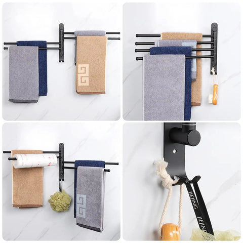 Top Shelf Swivel Towel Rack Built From Solid 304 Steel Spacious Four Arm Wall Mount Bath Station Sporting Rustproof Spin Nifty Side Hook And Chill Matte Black Finish with towels and loofah.