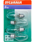 Budget Friendly 4 Pack C7 4W Incandescent Decorative Light Bulbs With E12 Candelabra Base Clear on cardboard packaging