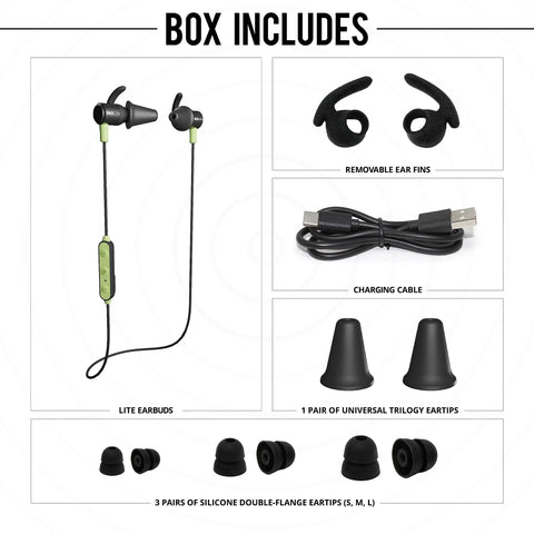 All Day Wireless Hearing Protection Earbuds With 26 dB NRR, Passive Noise Isolation, Bluetooth 5.0, Up To 10 Hour Battery Life, SafeMax Technology For Safe Listening On The Job box contents