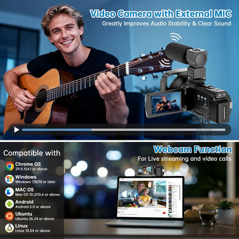 Dope 8K Camcorder With 88MP Ultra HD Video, WiFi Vlogging Camera For YouTube, guitar play, external mic, computer streaming