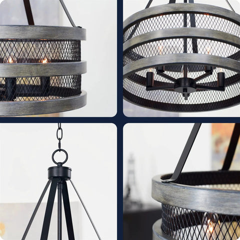 Close-up of 26 Inch 5 Light Modern Farmhouse Chandelier With Wire Cage Drum Black Finish And Faux Gray Oak Wood Look Candlestick