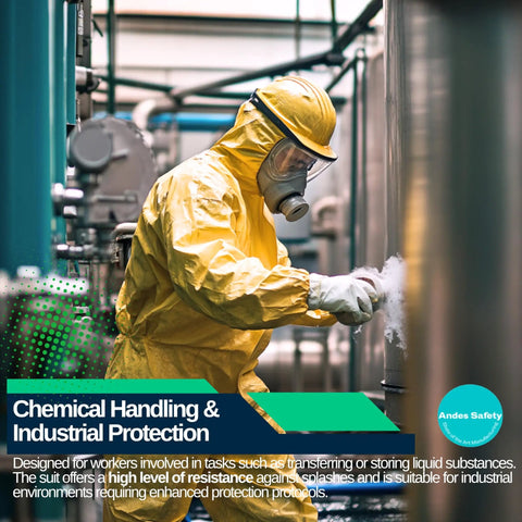 Rugged Chemical Resistant Coveralls With Integrated Boots And Hood For Straight Up Reliable Full Body Safety Engineered Durable Sealed Polyethylene Coated Suit Size S worn by a worker in a chemical handling environment.