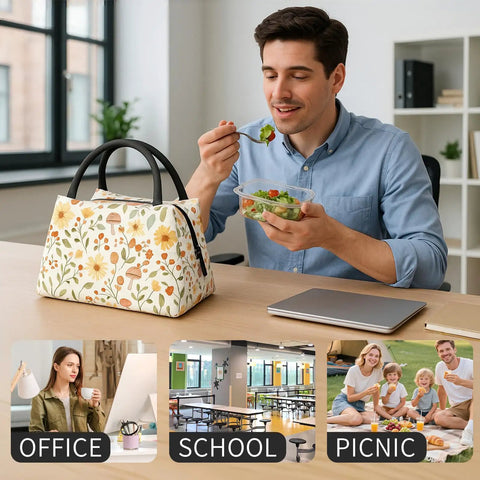 Man enjoying lunch at desk with Fennec Fox Insulated Lunch Box With Large Ears For Women And Girls Pastel Desert Plants Design Thermal Cooler