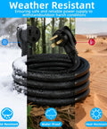 Weather-resistant heavy duty 50 amp welder extension cord coiled, showing durability in snow, rain, and desert heat conditions.