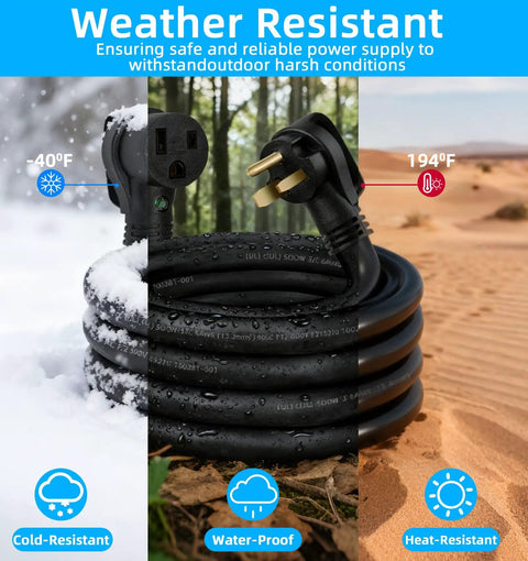 Weather-resistant heavy duty 50 amp welder extension cord coiled, showing durability in snow, rain, and desert heat conditions.