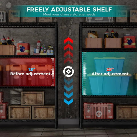 Beefy Heavy Duty Wire Shelving Unit With Four Adjustable Shelves Metal Storage Rack 350 Lb Per Shelf And 1400 Lb Total Capacity Easy No Tools Setup 18 Inch Deep 46 Inch Wide 59 Inch High, black wire shelves shown before and after adjustment