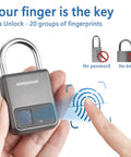 0.5 Second No Key Needed Fingerprint Padlock With USB Rechargeable Battery Biometric Lock Stores 20 Fingerprints For Luggage Backpack Suitcase Bike School And Gym Lockers Plus USB Backup Key For Emergency Access in use with fingerprint sensor being activated.
