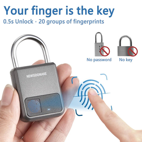 0.5 Second No Key Needed Fingerprint Padlock With USB Rechargeable Battery Biometric Lock Stores 20 Fingerprints For Luggage Backpack Suitcase Bike School And Gym Lockers Plus USB Backup Key For Emergency Access in use with fingerprint sensor being activated.