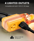 Retractable 40 Foot Extension Cord Reel With 10 AWG Heavy Duty SJTOW Cable, four lighted outlets close-up, grounded plug.