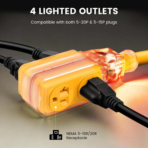 Retractable 40 Foot Extension Cord Reel With 10 AWG Heavy Duty SJTOW Cable, four lighted outlets close-up, grounded plug.