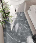 Grey Marble Peel And Stick Vinyl Floor Tiles 24 Pack Waterproof 12x12 Self Adhesive Floor Tiles For Bathroom Kitchen Bedroom Basement Removable Stick On With Durable Slightly Textured Finish shown in a modern bedroom setting.