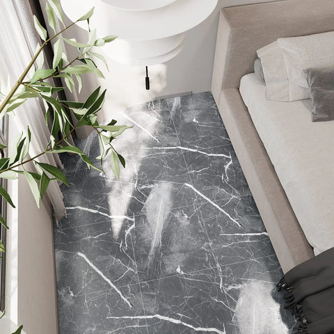 Grey Marble Peel And Stick Vinyl Floor Tiles 24 Pack Waterproof 12x12 Self Adhesive Floor Tiles For Bathroom Kitchen Bedroom Basement Removable Stick On With Durable Slightly Textured Finish shown in a modern bedroom setting.