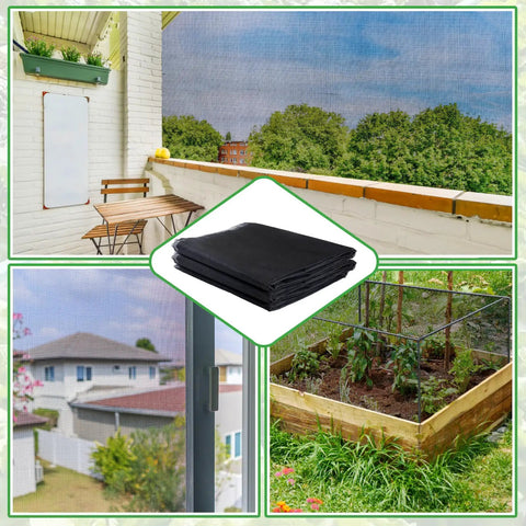 Stronger Garden Mesh Netting For Outdoor Plants And Veggies 10 X 12 Ft Black PP Nanocomposite Bird Barrier And Mosquito Screen Fits Patios Balconies Terraces With 33 Percent Shade Tear Resistant And Durable showing installation on patio, window, and garden bed.