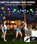 Outdoor 50 Foot RGB LED Christmas Lights IP65 Waterproof Color Changing String Lights for patio party with people enjoying limbo.