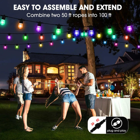 Outdoor 50 Foot RGB LED Christmas Lights IP65 Waterproof Color Changing String Lights for patio party with people enjoying limbo.