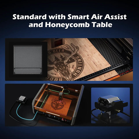 40W Laser Engraver With Acrylic Enclosure Air Assist Pump Honeycomb Bed Built In Camera And Safety Class 1 All In One Laser Engraving Machine Delivers Crazy Fast 40000 Millimeters Per Minute Speed For Wood Plastic Leather Metal Projects showing honeycomb table and engraved wood