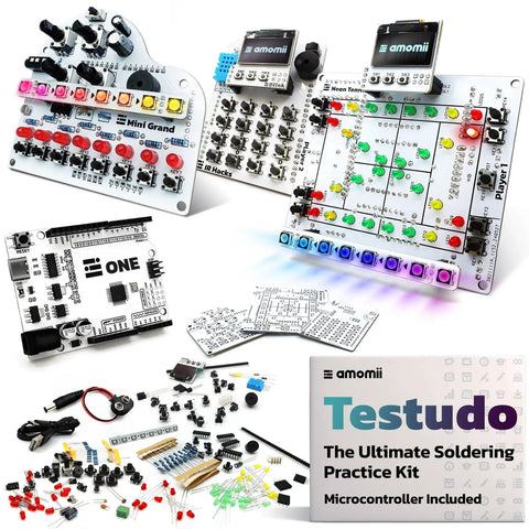 Soldering Practice Kit For Makers Build A Digital Piano, Arcade Console And Keypad With Arduino Compatible Microcontroller, PDF And Video Tutorials, An Easy DIY Gift For Beginners And Adults displayed with components and guides.