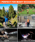 Collage showing various uses for Orange Safety Glasses Set Of 12 For Men And Women, Clear Working Glasses: cycling, construction, repair, cutting.