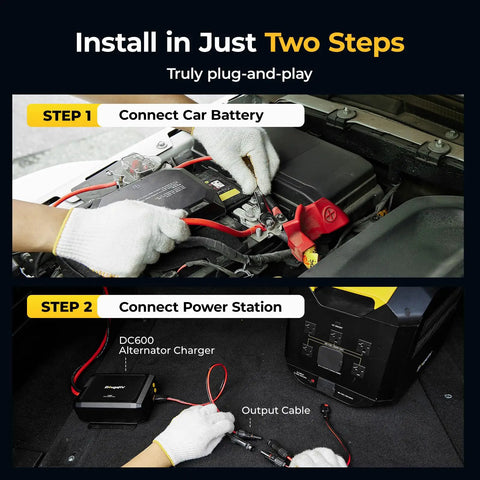 Hella Fast 600W Alternator Charger For Portable Power Stations 12V And 24V Dc Dc Output shown in installation steps for easier use.