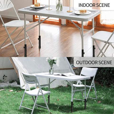 4 Pack Folding Table Leg Extenders For Adjustable Desk Height, indoor and outdoor setup with steel risers on white table