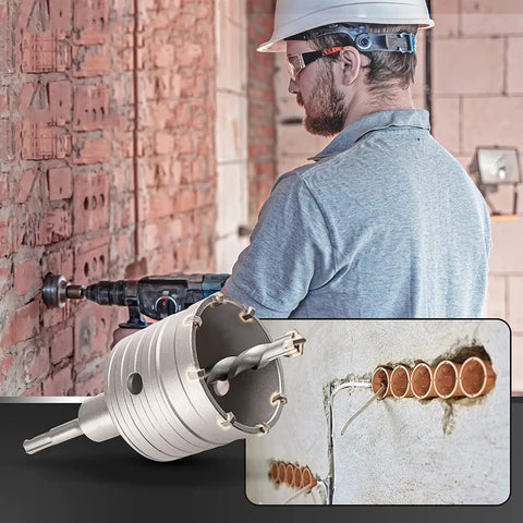 Worker using 9 Piece Concrete Hole Saw Kit Heavy Duty With Tungsten Steel Core Bits For SDS drills on brick wall