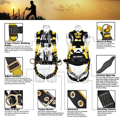 3D Rings Industrial Fall Protection Safety Harness with Waist Tongue Buckle features and details displayed