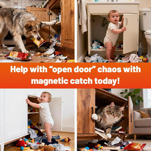 Discreet Magnetic Cabinet Locks Set Of 6 For Easy Kidproofing shown with pets and toddlers accessing cabinets
