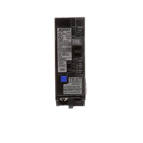 15 Amp Single Pole 120 Volt Plug On Combo Type AFCI Circuit Breaker With LED Trip Indicators For Clear Last Trip Status And Extra Wire Bend Space For Faster Easier Wiring In Home Electrical Panels, front view