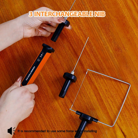 Rongter Fast Heating Electric Hot Wire Foam Cutter Tool Styrofoam Model Maker 2 Inch And 4 Inch Tips with interchangeable nibs on wooden surface.