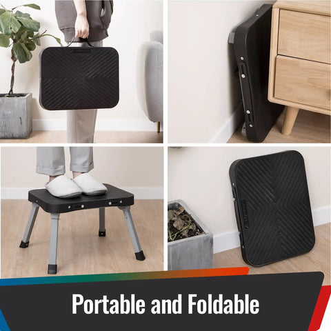 11 Inch Folding Step Stool With Big 16x12 Inch Platform Non Slip Steel Frame Portable Heavy Duty Stool shown in different uses and angles