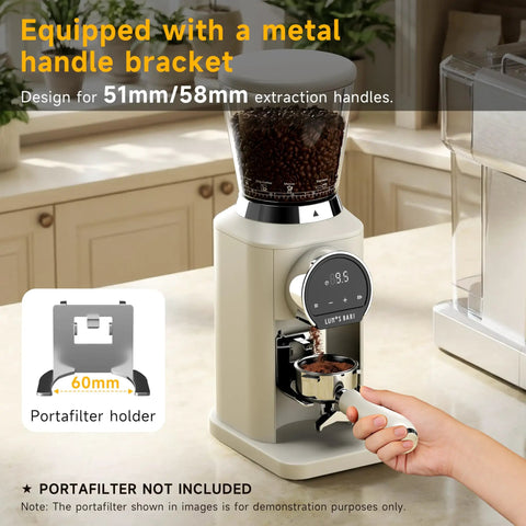 Next Level Electric Burr Coffee Grinder With 34 Dead Simple Settings And 40 Millimeter Stainless Steel Conical Burrs For Smooth Daily Brews In Clean White Setup with metal handle bracket and coffee grounds.