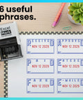 Badass Date Stamp Featuring Custom Text Options And Dual Blue Red Ink With A Legit Gray Mount, showing useful phrases printed on paper.