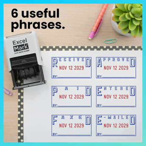 Badass Date Stamp Featuring Custom Text Options And Dual Blue Red Ink With A Legit Gray Mount, showing useful phrases printed on paper.