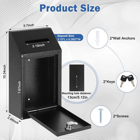 Lockable Cash Drop Box With Slot For Farm Stand Sales Office Or Home, Rugged Metal Money Box For Donations And Suggestions With Wall Mount, Black And Secure, Measures 10.24 By 5.7 By 2.95 Inches, shown with open door and included accessories