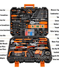 All In One 238 Piece Socket Wrench Auto Repair And Home DIY Tool Set With Plastic Toolbox Storage Case Chrome Plated And Corrosion Resistant Hand Tools open showing organized tools