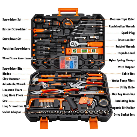 All In One 238 Piece Socket Wrench Auto Repair And Home DIY Tool Set With Plastic Toolbox Storage Case Chrome Plated And Corrosion Resistant Hand Tools open showing organized tools