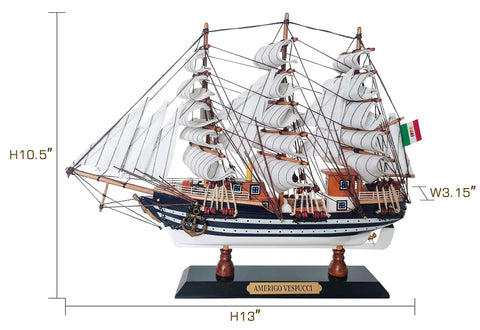 Wooden Model Ship Amerigo Vespucci 1:300 Scale Replica Fully Assembled Sailboat Decor with hand stitched sails on display.