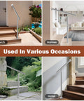 Rock Solid Stainless Steel Handrail For Outdoor Steps Featuring Adjustable Angles And Heavy Duty Build installed on porch and garden steps.