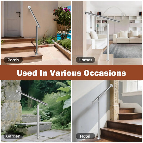 Rock Solid Stainless Steel Handrail For Outdoor Steps Featuring Adjustable Angles And Heavy Duty Build installed on porch and garden steps.